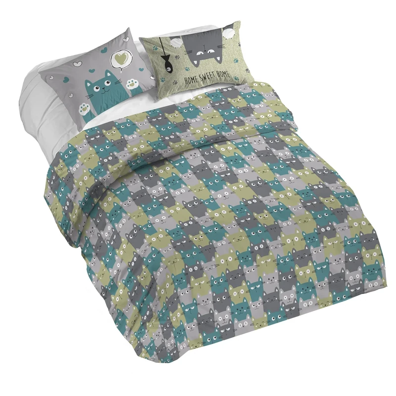 PENSIERI DELICATI Duvet Cover, Cotton, Happycat Green, 160 x 190 cm