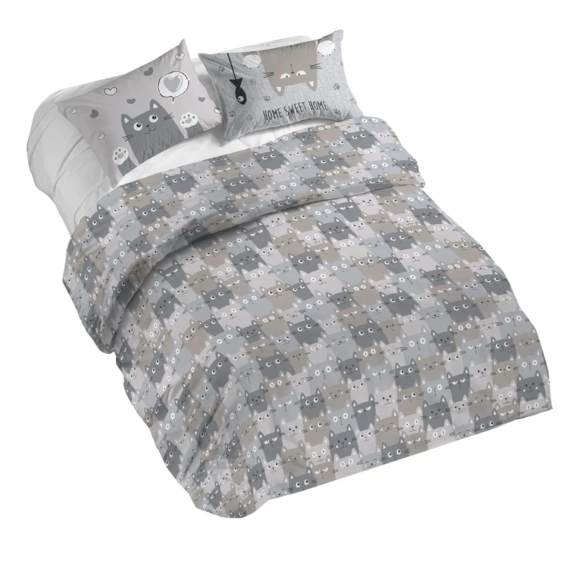 PENSIERI DELICATI Duvet Cover, Cotton, Happycat Grey, 160 x 190 cm