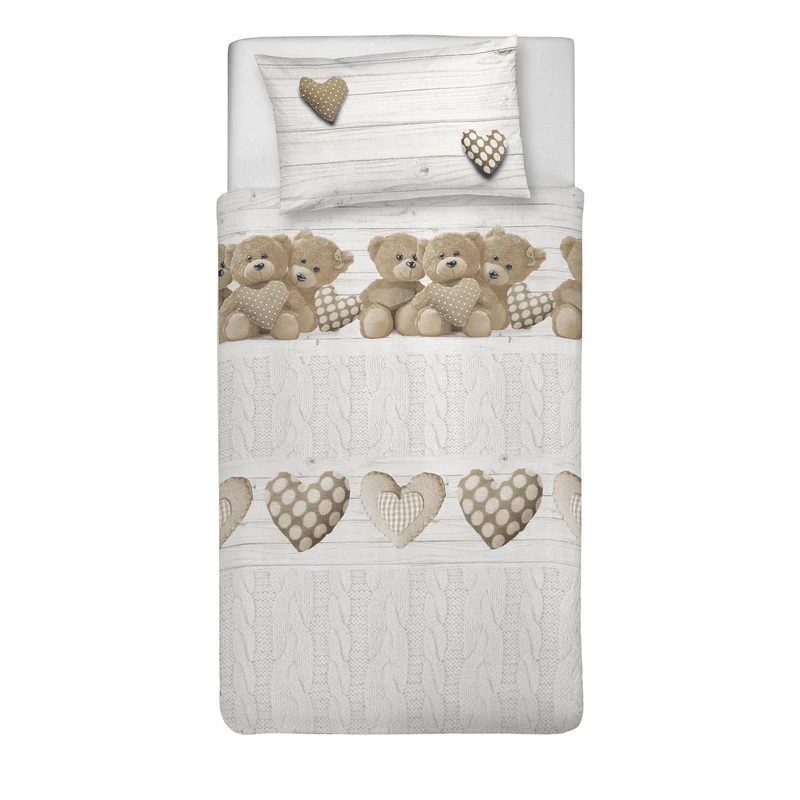 PENSIERI DELICATI Single Duvet Cover Set, 100% Cotton, Complete with Sleeping Bag 150 x 200 cm and 1 Pillowcase 52 x 82 cm, Made in Italy, Duvet Cover Machine Washable At 40 Degrees, Beige Bears