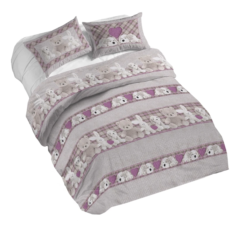 PENSIERI DELICATI 100% Cotton Double Duvet Cover Set, Complete with 250 x 200 cm Bag and 2 Pillowcases 52 x 82 cm, Made in Italy, Duvet Cover Machine Washable At 40 Degrees, Pink Plush Pattern
