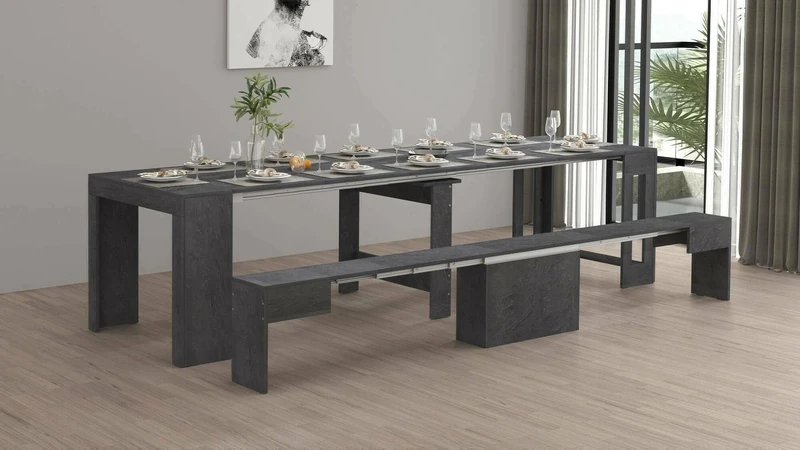 Dmora Crispin Table and Chairs, Multipurpose Composition, Set with Console and 1 Extendable Bench, 100% Made in Italy, 66 x 25 x 45 cm, Slate