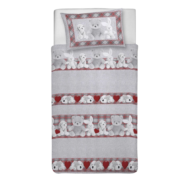 PENSIERI DELICATI Single Duvet Cover Set, 100% Cotton, Complete with 150 x 200 cm Bag and 1 Pillowcase 52 x 82 cm, Made in Italy, Duvet Cover Machine Washable At 40 Degrees, Red Plush Pattern