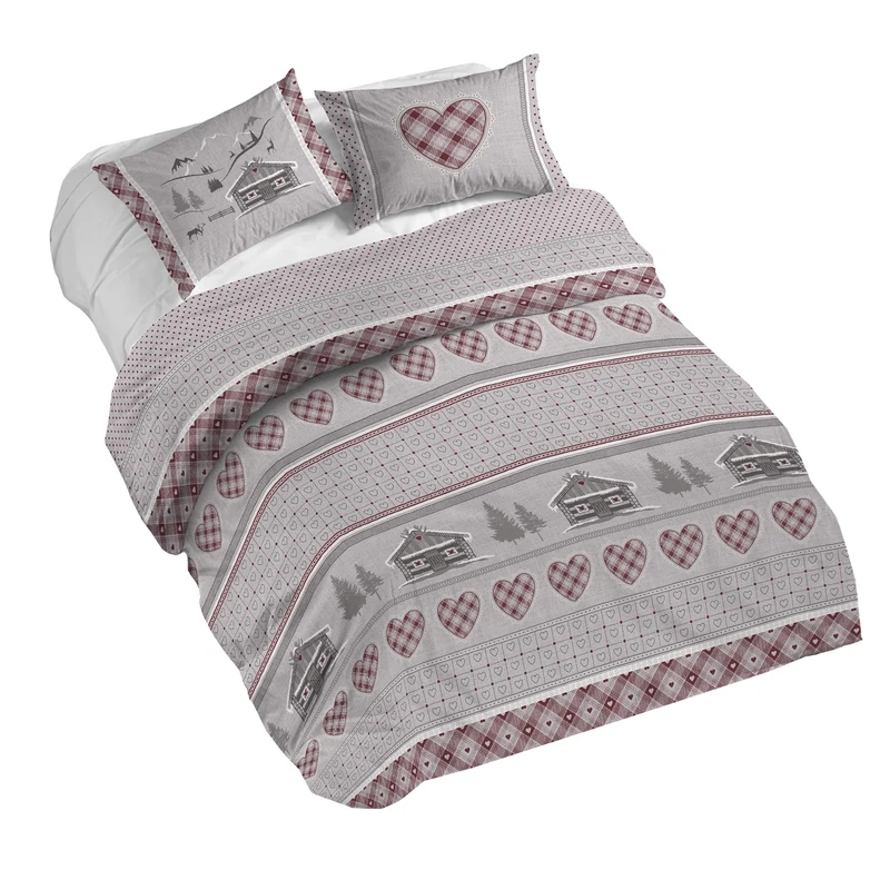 PENSIERI DELICATI 100% Cotton Double Duvet Cover Set, Complete with 250 x 200 cm Bag and 2 Pillowcases 52 x 82 cm, Made in Italy, Duvet Cover Machine Washable At 40 Degrees, Red Chalet Design