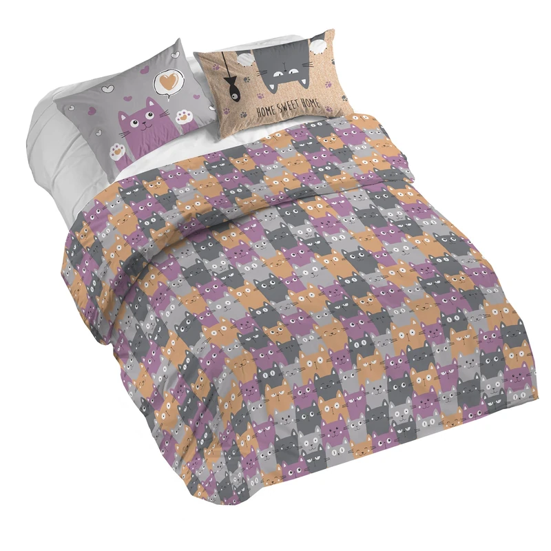 PENSIERI DELICATI Double Duvet Cover Set, 100% Cotton, Complete with 250 x 200 cm Bag and 2 Pillowcases 52 x 82 cm, Made in Italy, Duvet Cover Machine Washable At 40 Degrees, Happycat Orange Pattern - Image 1