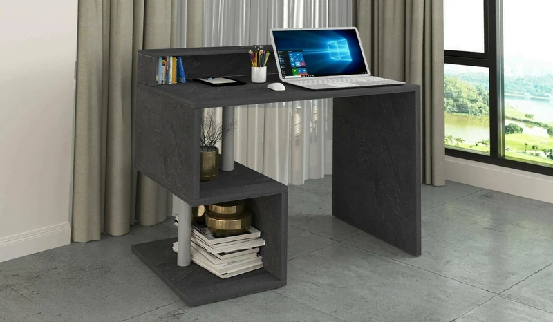 Dmora Silvio Linear Desk with Storage Shelves, Multi-Purpose Office Desk with Stand, 100 x 50 x 93 cm, Slate
