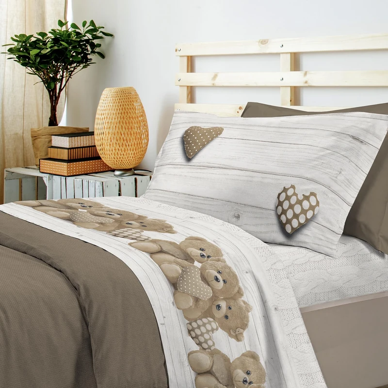 PENSIERI DELICATI 100% Cotton Double Bed Set, 120 x 200 cm, Complete with Bottom Sheet, Top and 1 Pillowcase, Made in Italy, Beige Bears Design