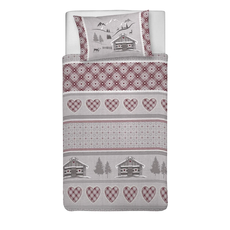 PENSIERI DELICATI Single Duvet Cover Set, 100% Cotton, Complete with 1550 x 200 cm Bag and 1 Pillowcase 52 x 82 cm, Made in Italy, Duvet Cover Machine Washable At 40 Degrees, Red Chalet Design