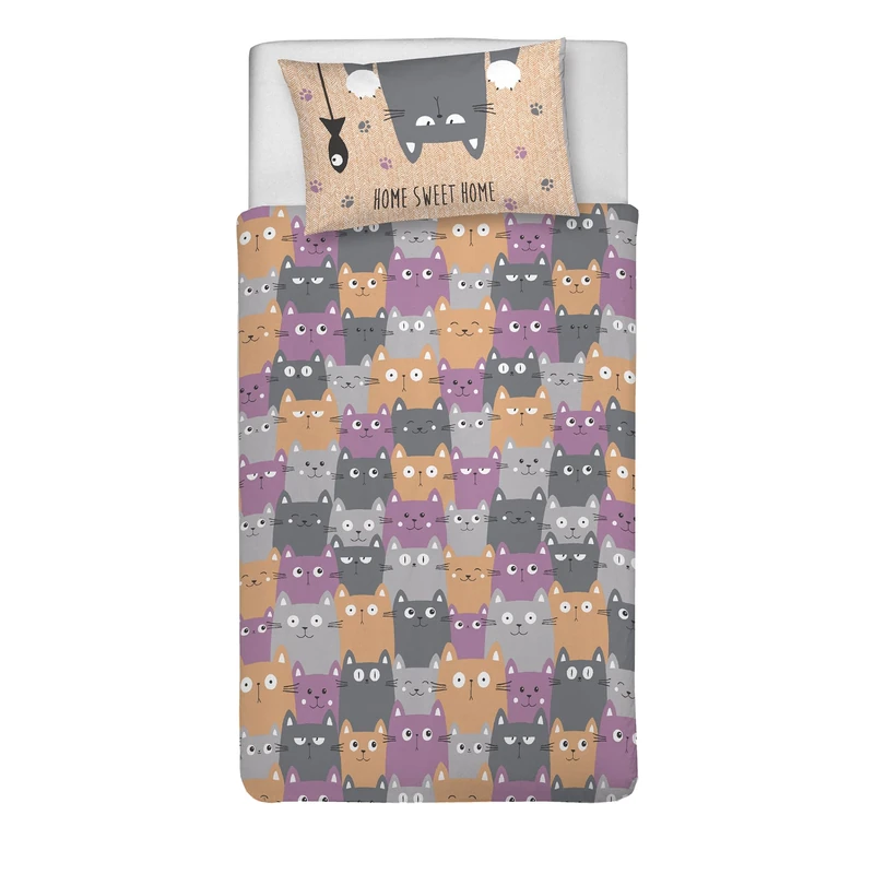 PENSIERI DELICATI 100% Cotton Single Duvet Cover Set, 1550 x 200 cm and 1 Pillowcase 52 x 82 cm, Made in Italy, Duvet Cover Machine Washable At 40 Degrees, Happycat Orange Pattern - Image 1