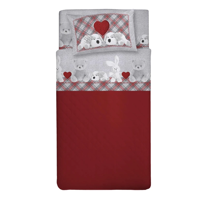 PENSIERI DELICATI Single Bed Set, 100% Cotton, Single Bed Sheet Set, 90 x 200 cm, Including Bottom Sheet, Top Sheet and 1 Pillow Case, Made in Italy, Red Plush Design