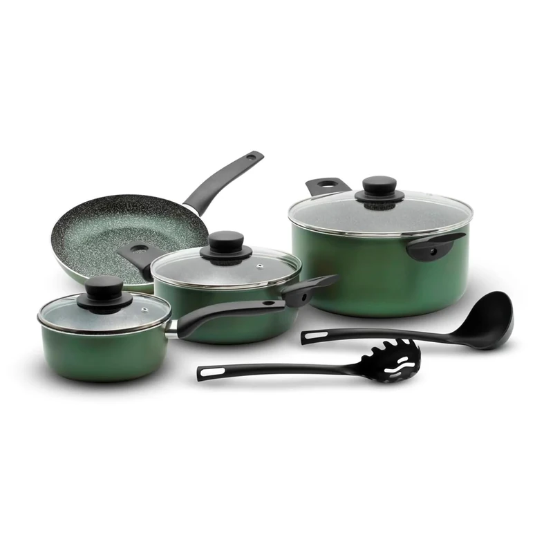 Avilia Set of 9 Pieces – Set of Pots with Saucepans and Frying Pan, Pure Aluminium Body and Non-Stick, Including Glass Lids and Ladles, Not Ideal for Induction Hobs Made in Italy