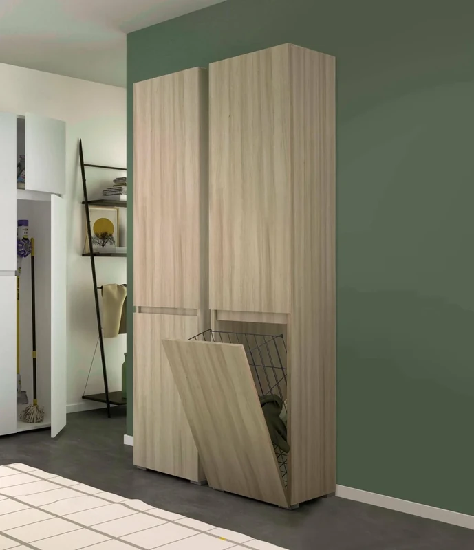 Dmora Agapanto Multi-Purpose Wardrobe with 2 Doors, Bathroom Column with Laundry Basket, 100% Made in Italy, 45 x 37 x 195 cm, Elm