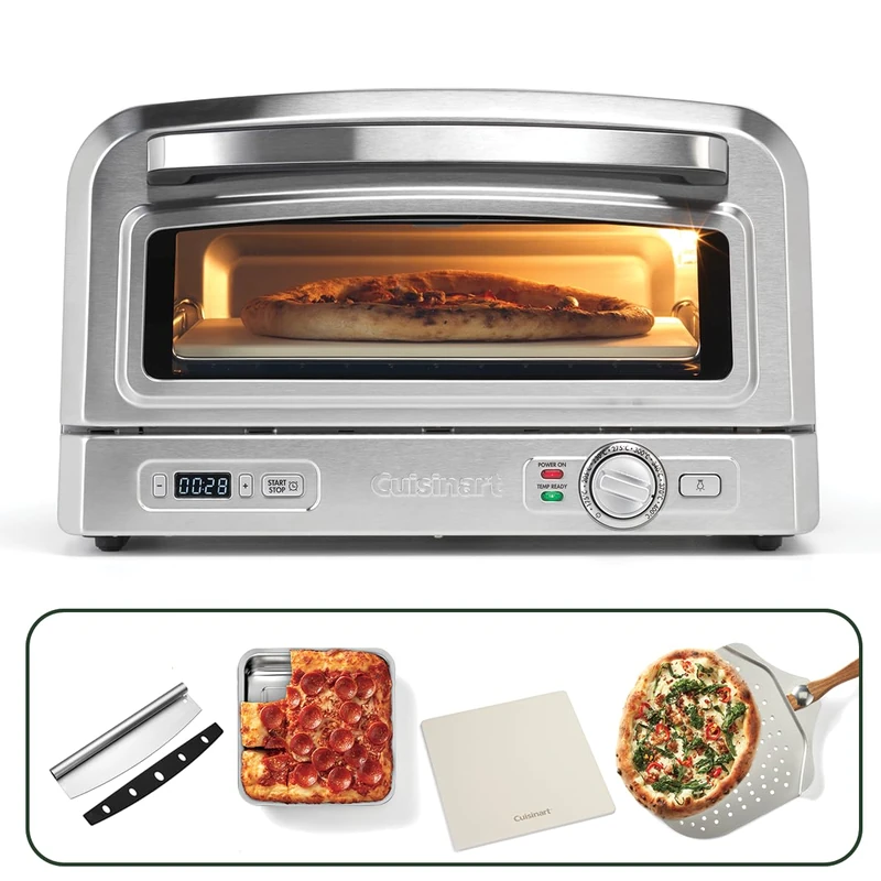 Cuisinart Pizza Oven | For Indoor use | Wood-fired taste in 5mins | Full Pizza kit included: Pizza peel, cutter, stone & deep dish | Calzone, focaccia, baked dishes | Adjustable time & temp to 400°C