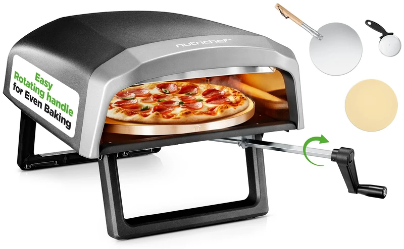 NutriChef Gas Pizza Oven 30cm – Portable Outdoor Pizza Maker with 360° Rotating Stone, Quick 60-Second Heat-Up, Stainless Steel, Long Handle – Accessories Included – Ideal for Homemade Pizza & BBQs