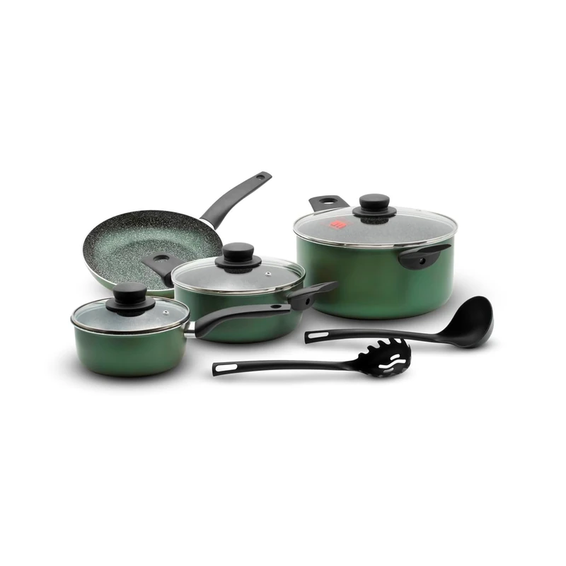 Batteria 9 Pieces Cookware Set with Saucepans and Frying Pan, Pure Aluminium Body and Non-Stick, Including Glass Lids and Ladles, Made in Italy