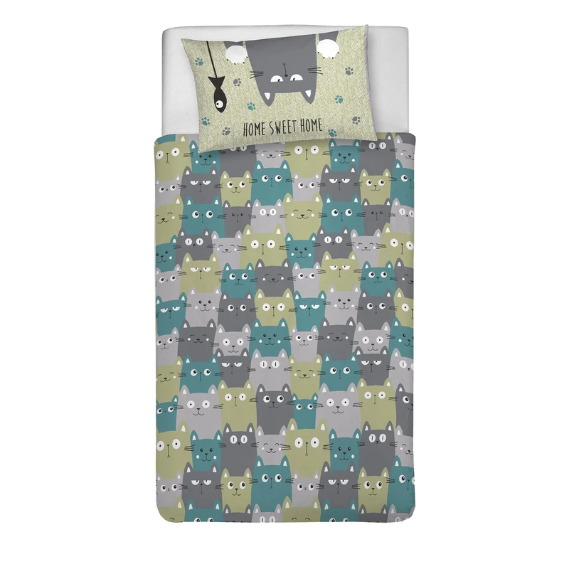PENSIERI DELICATI 100% Cotton Single Duvet Cover Set, Complete with 150 x 200 cm Bag and 1 Pillowcase 52 x 82 cm, Made in Italy, Duvet Cover Machine Washable At 40 Degrees, Happycat Design Green