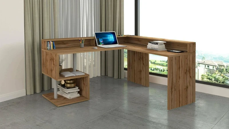 Dmora Sanson Corner Desk with Storage Shelves, Multipurpose Office Desk with Stand, 180 x 60 x 93 cm, Oak