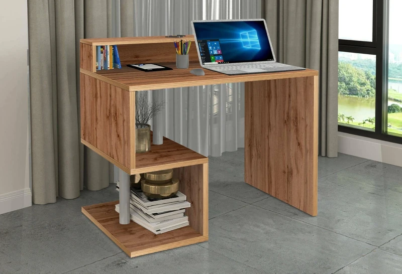 Dmora Silvio Linear Desk with Storage Shelves, Multipurpose Office Desk with Stand, 100 x 50 x 93 cm, Oak