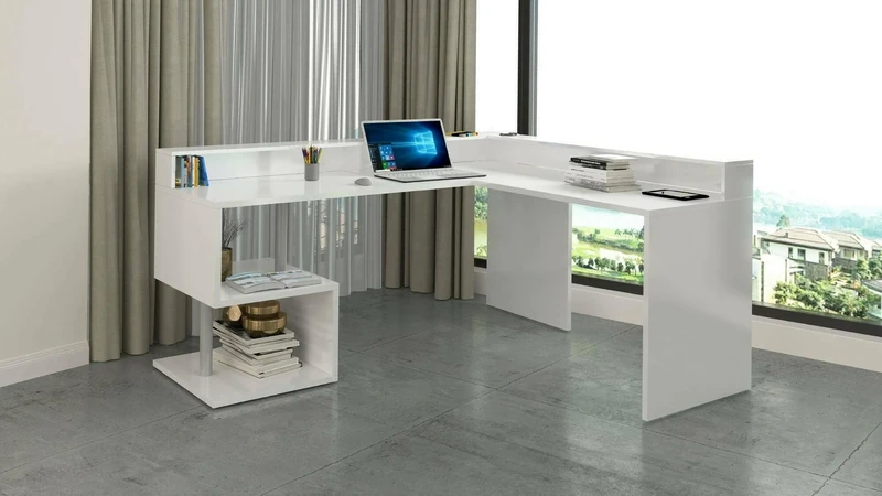 Dmora Sansone Corner Desk with Storage Shelves, Multipurpose Office Desk with Stand, 180 x 60 x 93 cm, White