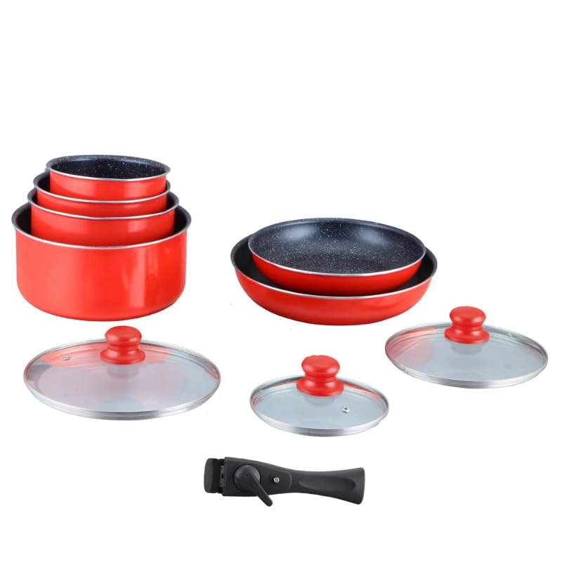 HAGEN, Stone Coated cookware, Removable Handle, 10 Pieces, red, Non-Stick Coating, All Burners, Induction Included, HA04623