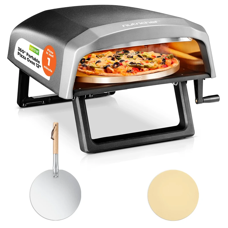 NutriChef Portable Outdoor Gas Pizza Oven - 12 Inch, Rotating Pizza Stone, Quick Heating, Premium Stainless Steel, Ready in 60 Seconds