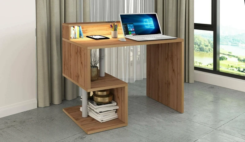 Dmora Adrien Linear Desk with Storage Shelves and LED Lights, Multipurpose Office Desk with Stand, 100 x 50 x 93 cm, Oak