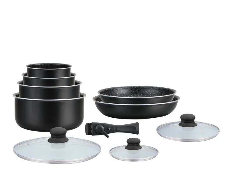 HAGEN, Herzberg HA04630 Stone Coated Cookware, Removable Handle, 10 Pieces, Black,