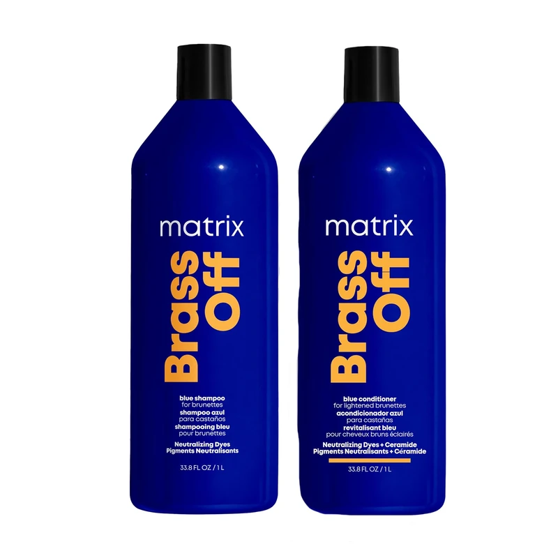 Matrix Brass Off Blue Shampoo + Brass Off Blue Conditioner For Brunettes to Remove orange unwanted undertones 2 x 1L - Image 1