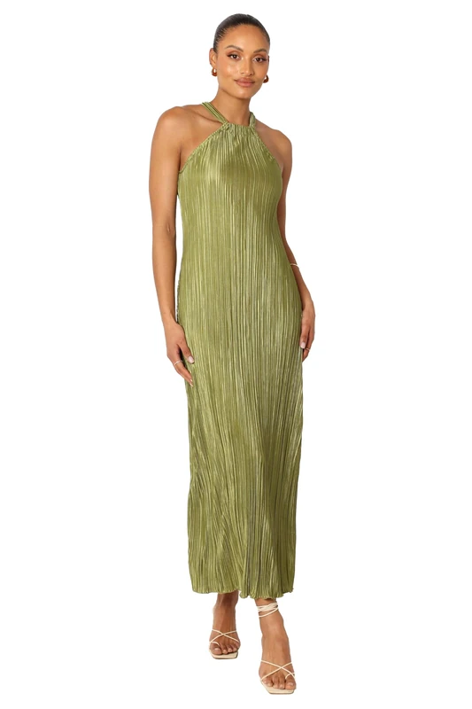 Petal & Pup Women's Melody Plisse Halter Maxi Dress, Olive, S