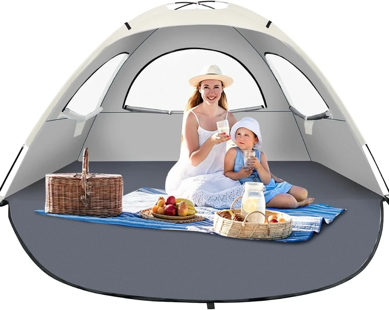 YITGOG Beach Tent for 3-4 Person, Lightweight Beach Sun Shelter with UPF 50+ UV Protection, Easy Assemble and Carry Event Family Shelter Shade Tent for Beach, Camping, Fishing, Travel (Creamy White)