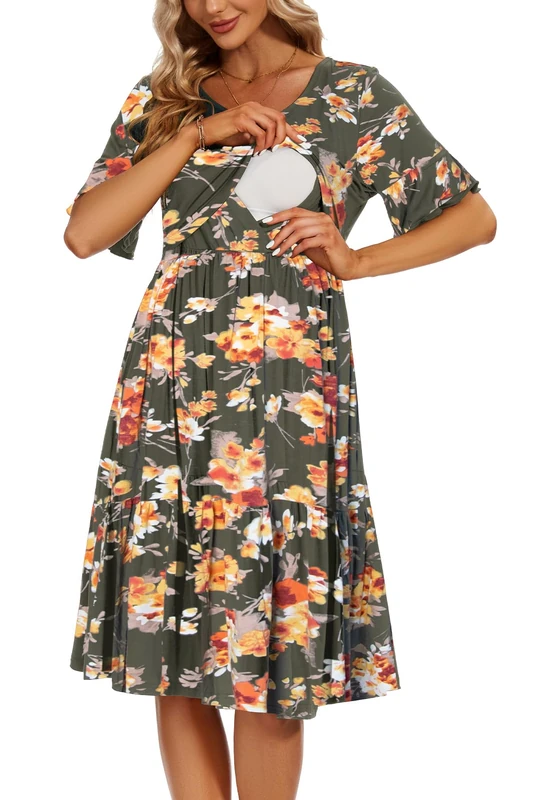 Smallshow Women's Maternity Nursing Dress Ruffle Short Sleeve Breastfeeding Clothes, Floral Orange, M