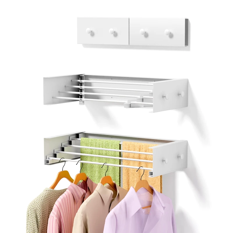 ZMBESUP Upgrade Laundry Drying Rack, 23.6" Drying Rack Clothing Wall Mounted,Foldable, 4 Aluminum Rods with 4 Hooks, Space-Saving White Collapsible Drying Racks Hanger for Laundry Bathroom