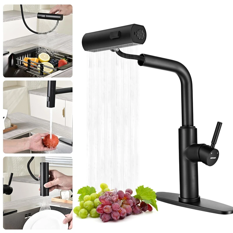 WEWE Waterfall Kitchen Faucet with Pull Down Sprayer, Black Kitchen Faucet with 3 Modes (Sweep/Stream/Waterfall), Rotary Switch Mode, Single Lever Kitchen Sink Faucet