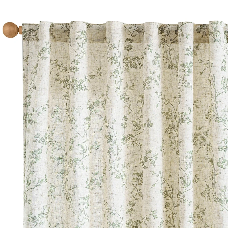 Lazzzy Farmhouse Linen Curtains Green Floral Curtains 96 Inch Length Back Tab Drapes for Living Room Bedroom Light Filtering Country Vintage Rod Pocket Curtain, 2 Panels, Green on Beige