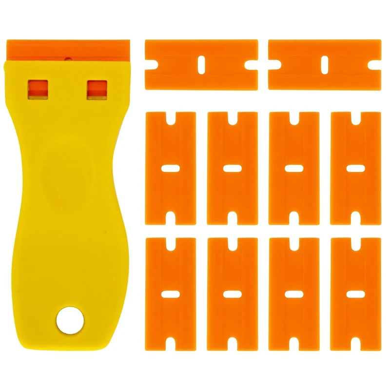 Plastic Razor Scraper Tool with 10 Plastic Razor Blades, Car Sticker Remover for Removing Glue Sticker Decals, Scraping Stickers, Labels and Decals from Glass, Windshields A3SSGD (Yellow)