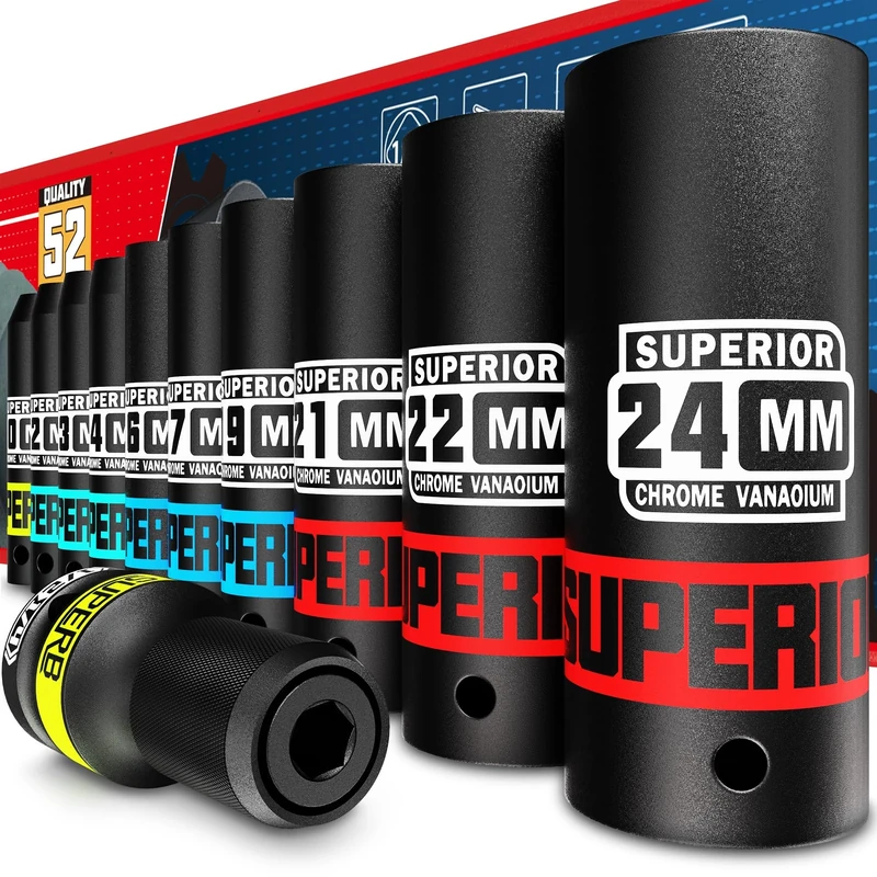 KIRXST 1/2 Inch Drive Impact Socket Set，11 Piece Deep Sockets 10-24 mm，Metric Socket Set with 1/4" Socket Adapter for Automotive Trucks Tractors Engines Repairing DIY Mechanic Tool
