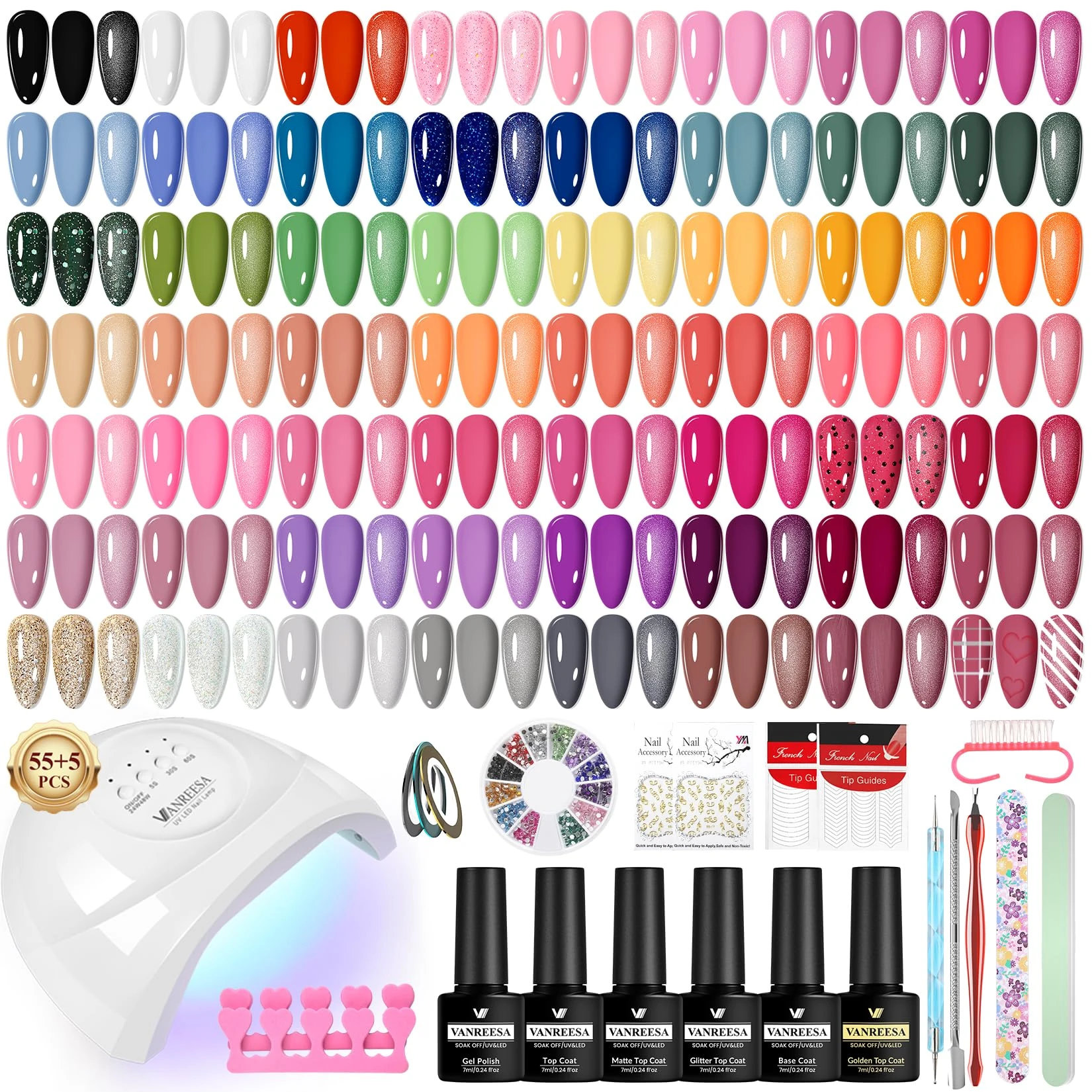 VANREESA Gel Nail Polish Set, 77 PCS Gel Nail Kit with U V Lamp 55 Colours White Nude Pink Gels Polish Set with Base and Top Coat Manicure Tools Nail Salon Sets DIY at home Gifts for Women