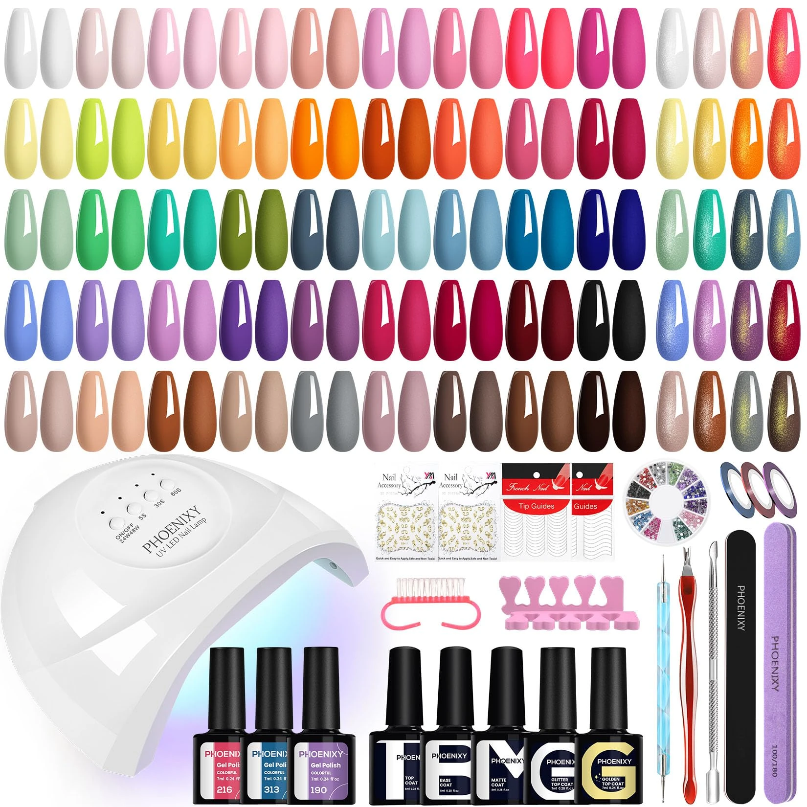 Phoenixy Gel Nail Polish Set, 50Pcs Gel Nail Kit with 48W U V Lamp Starter Kit 45 Colours Nails Polishes with Base Top Matte Glitter Coat Nails Art Gifts for Women