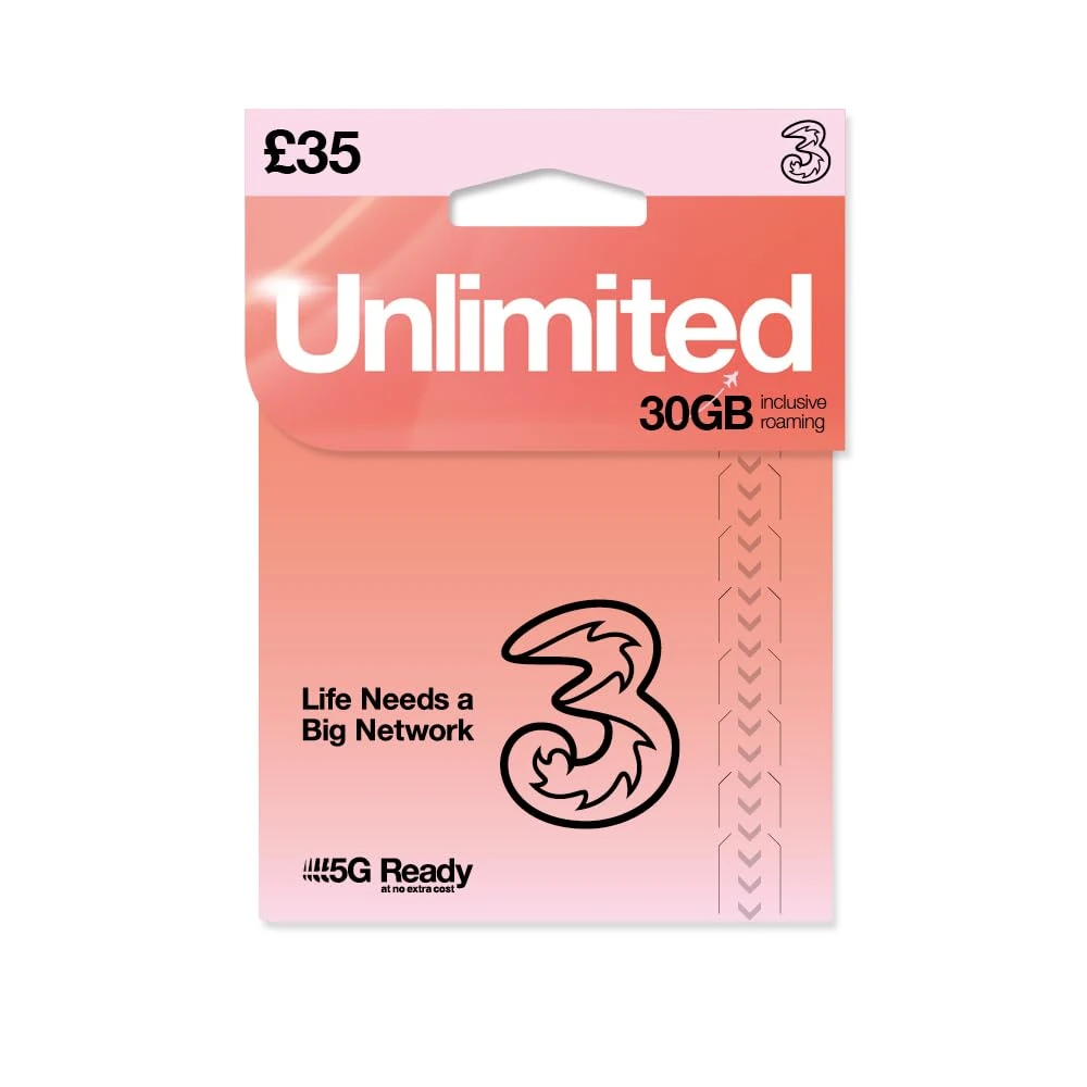 THREE 4G/5G SIM Card UK & ROAM FREE in over 70 destinations - PREPAID PAYG £35 Bundle - UNLIMTED DATA + Texts & Mins - ROAMING ALLOWANCE 30GB + International Calling Option - (Love2surf RETAIL PACK)