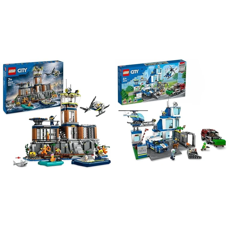 LEGO City Police Prison Island Toy for 7 Plus Year Old Boys, Girls & Kids, Emergency Vehicles Set & 60316 City Police Station with Van, Garbage Truck & Helicopter Toys