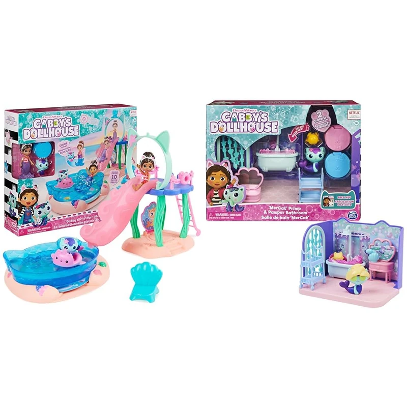 Gabby's Dollhouse, Purr-ific Pool Playset with Gabby and MerCat Figures & Primp and Pamper Bathroom with MerCat Figure, 3 Accessories, 3 Furniture Pieces and 2 Deliveries - Image 1