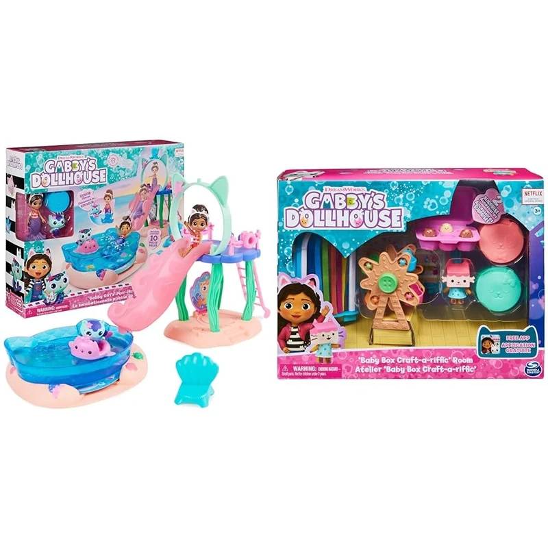 Gabby's Dollhouse, Purr-ific Pool Playset with Gabby and MerCat Figures & Baby Box Craft-A-Riffic Room with Baby Box Cat Figure, Accessories
