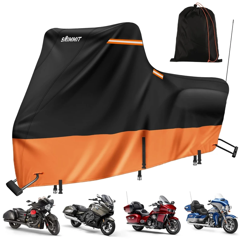 Motorcycle Cover Waterproof Outdoor,420D Motorcycle Covers with Silver Nano Coating,5 Reflective Strips,2 Air Vents,3 Windproof Buckles,Lock Holes,Anti-UV Side Box(108"x44"x56" Black & Orange)