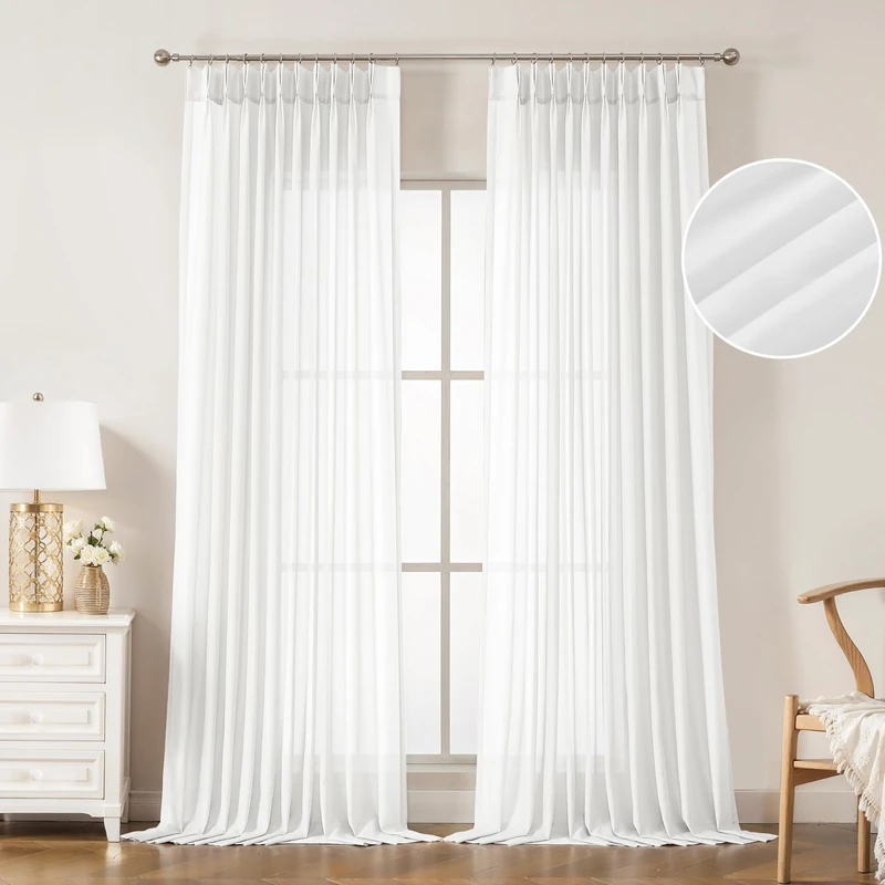 WEST LAKE 102 Inches Long Bright White French Pleated Sheer Curtains