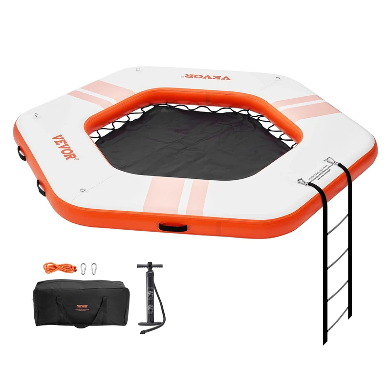 VEVOR Inflatable Floating Dock, ø8.5FT Inflatable Dock Platform with ø5FT Trampoline Mesh Pool, Non-Slip Floating Platform Water Mat with Portable Bag & Detachable Ladder for Pool Beach Relaxation