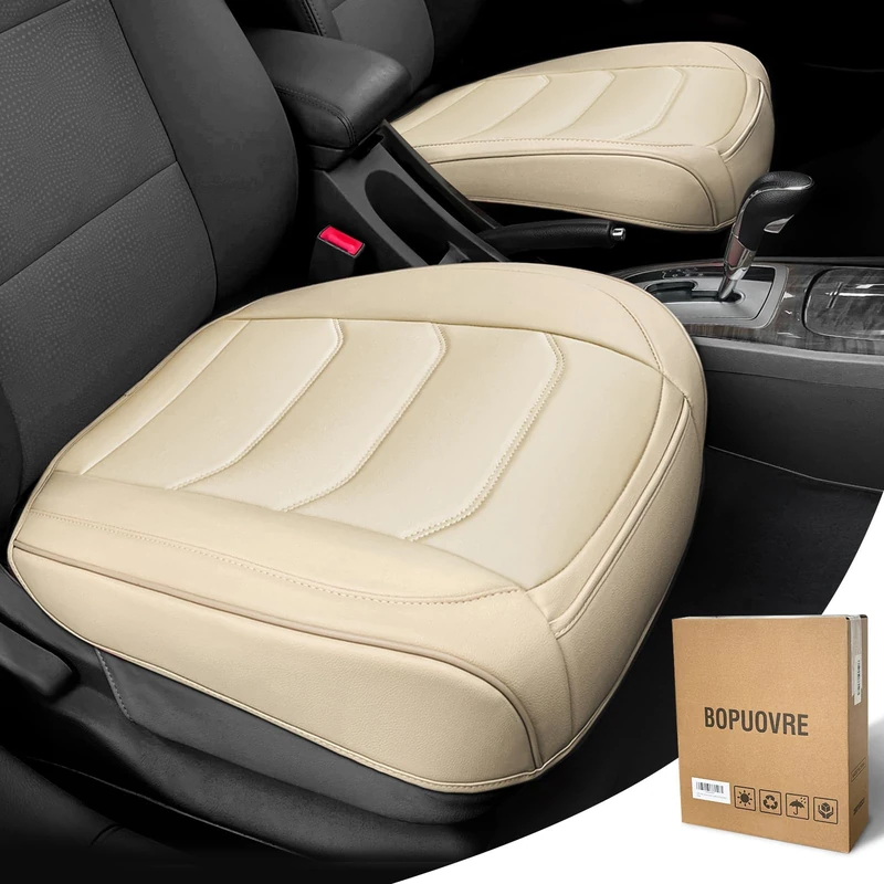 BOPUOVRE Car Seat Cover for Luxury & Comfort - PU Leather, Anti-Slip, Full Wrap Protection with Storage Pocket for Bottom Cushion - Universal Fit for 95% of Vehicles (Beige,2 Piece)