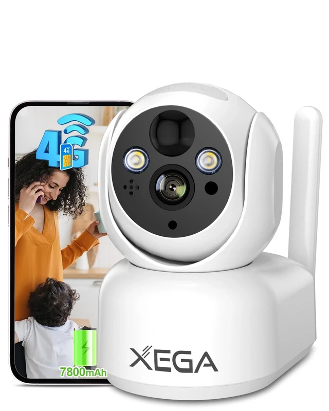 Xega 4G CCTV Indoor Security Camera Wireless-7800mAh Battery, 2K Super HD PTZ Camera with SIM Card, No WiFi, PIR Motion Detection, Color Night Vision, Cloud & TF Card Storage, IP65