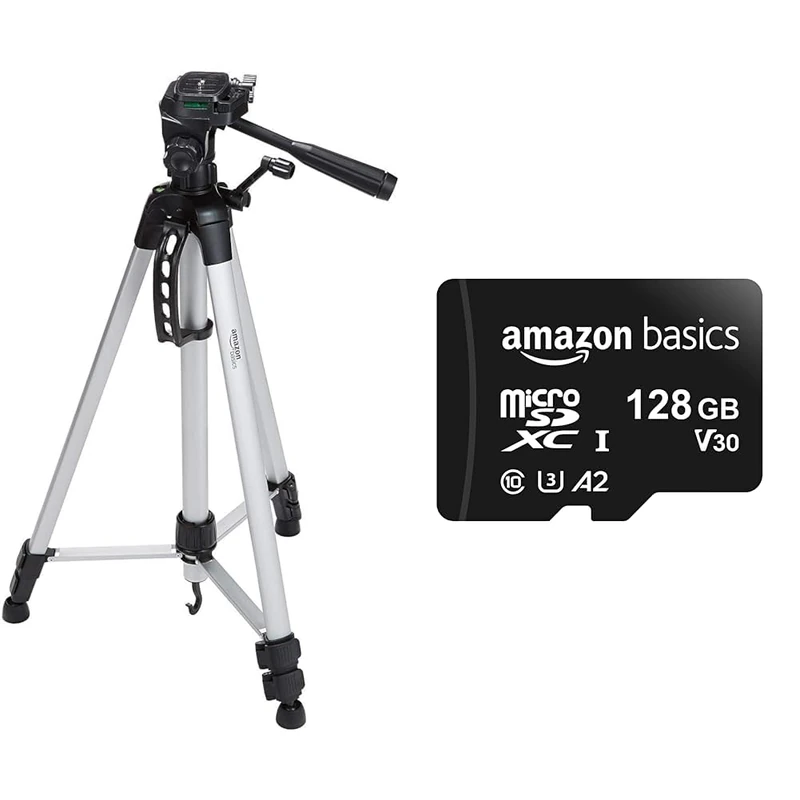 Amazon Basics Complete Tripod Units, 60 inch Lightweight Tripod with Bag + Amazon Basics Micro SD Cards, 128 gb