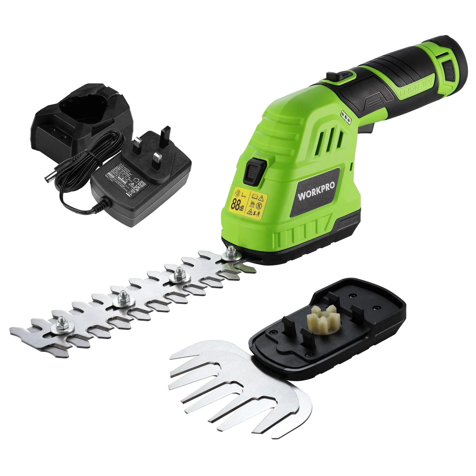 WORKPRO 2-in-1 Cordless Hedge Trimmer and Grass Shear, 12V Electric Hedge Trimmer with 2000mAh Battery, Handheld Garden Trimmer with 2 Interchangeable Blades for Gardening