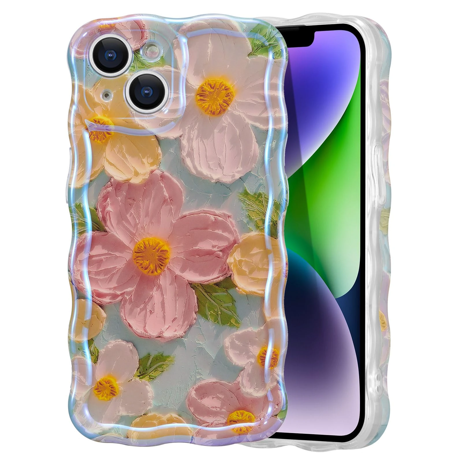 EYZUTAK Case for iPhone 14 Plus/iPhone 15 Plus, Colorful Retro Oil Painting Flower Laser Glossy Cute Curly Wave Edge Exquisite Phone Cover Stylish Durable TPU Protective Case for Girl Women - Green