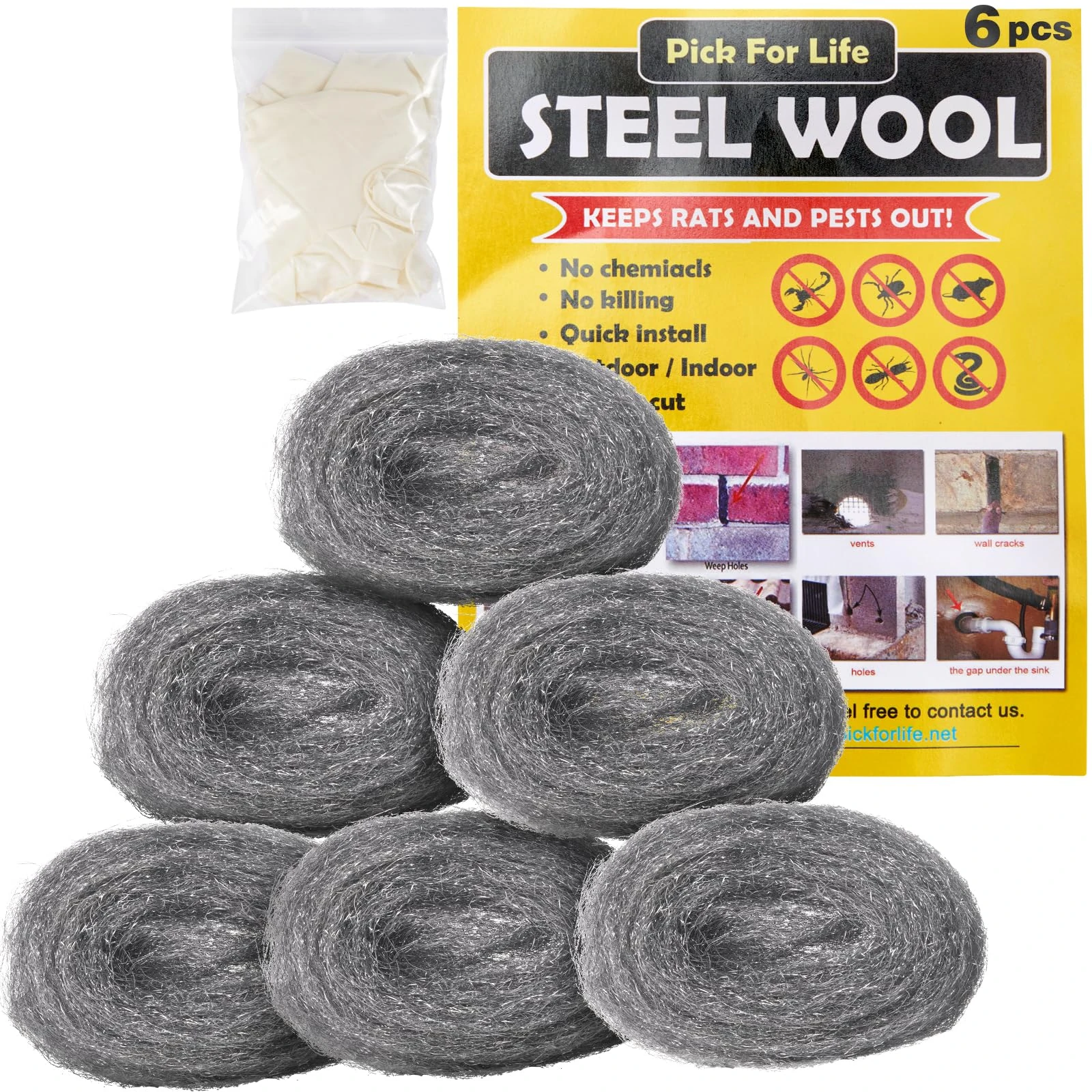 Steel Wool Mice - 6 Pack 0000 Rodent Control Gaps Blocker Stainless Coarse Wire Wool Fill Fabric DIY Kit, Easy to Use Stop Rats and Mice Insect Pest, Includes Work Gloves